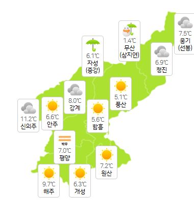 [오늘의 북한 날씨] 평북 대체로 흐리다가 차차 맑아짐