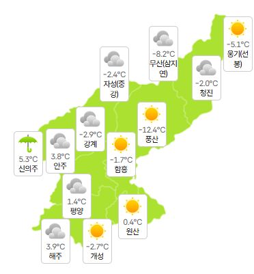 [오늘의 북한 날씨] 전 지역 비 또는 눈